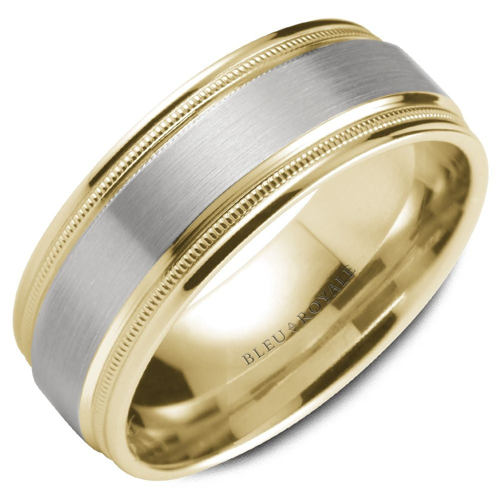 Bleu Royale Men's Wedding Band - 14K Yellow Gold with Sandpaper Center and Milgrain Edges - 6.5mm Width from the Legacy Collection