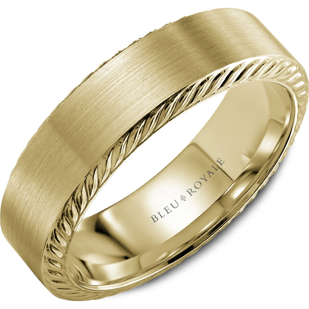 Bleu Royale Men's Wedding Band - 14K Yellow Gold with Sandpaper Finish and High Polish Rope Edge - 6.5mm Width from the Legacy Collection