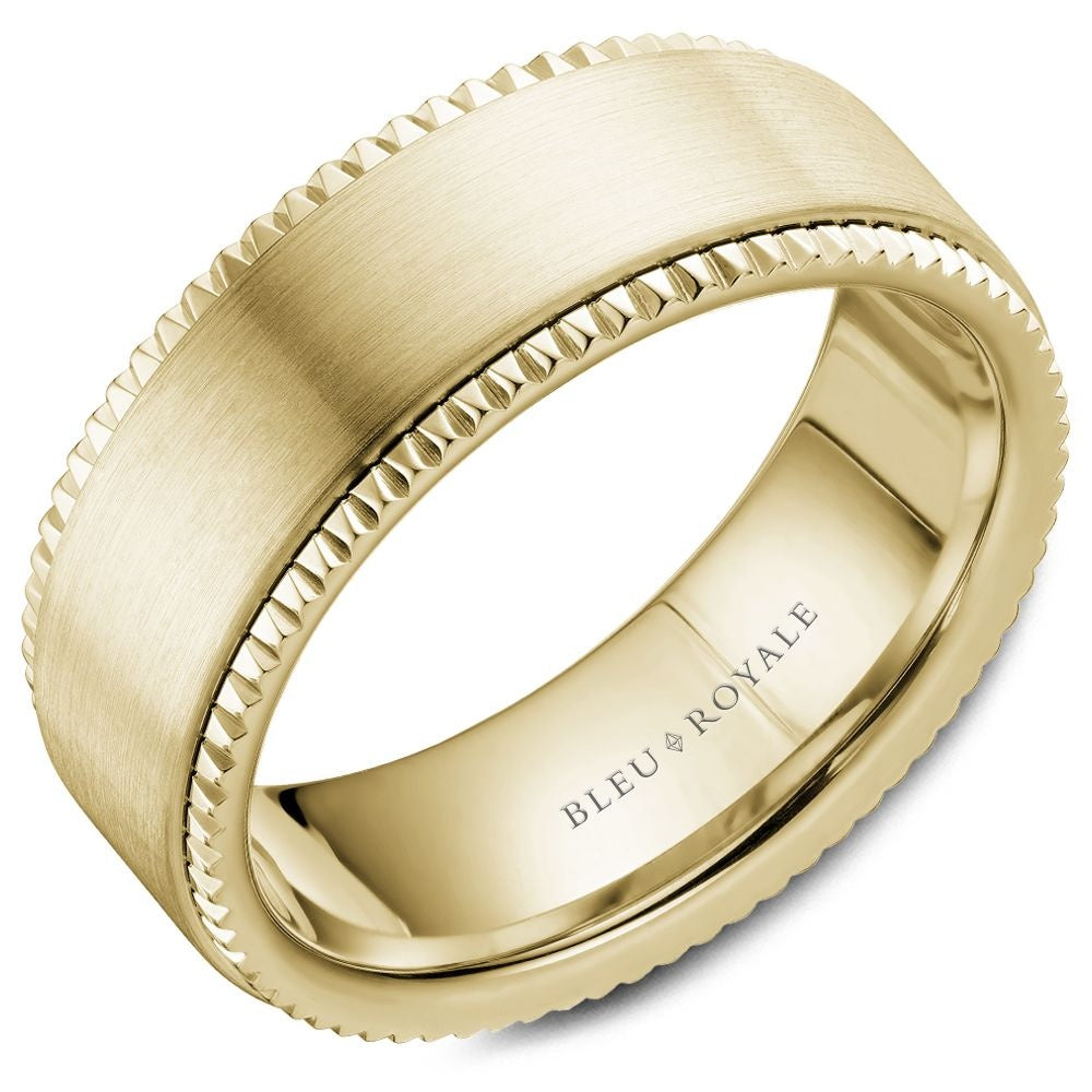 Bleu Royale Men's Wedding Band - 14K Yellow Gold with Sandpaper Finish and Notched Edges - 8mm Width from the Legacy Collection