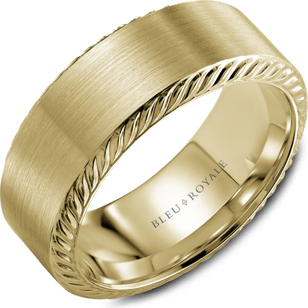 Bleu Royale Men's Wedding Band - 14K Yellow Gold with Sandpaper Top and High Polish Rope Edges - 8.5mm Width from the Legacy Collection