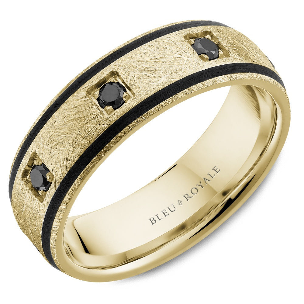 Bleu Royale Men's Wedding Band - 14K Yellow Gold with Square-Set Round Black Diamonds and Black Ceramic Inlay- 0.42 Carat Total Diamond Weight - 7mm Width from the Diamond Collection