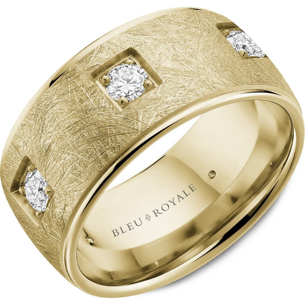 Bleu Royale Men's Wedding Band - 14K Yellow Gold with Square-Set Round Diamonds and Brush Texture- 0.79 Carat Total Diamond Weight - 10.5mm Width from the Diamond Collection
