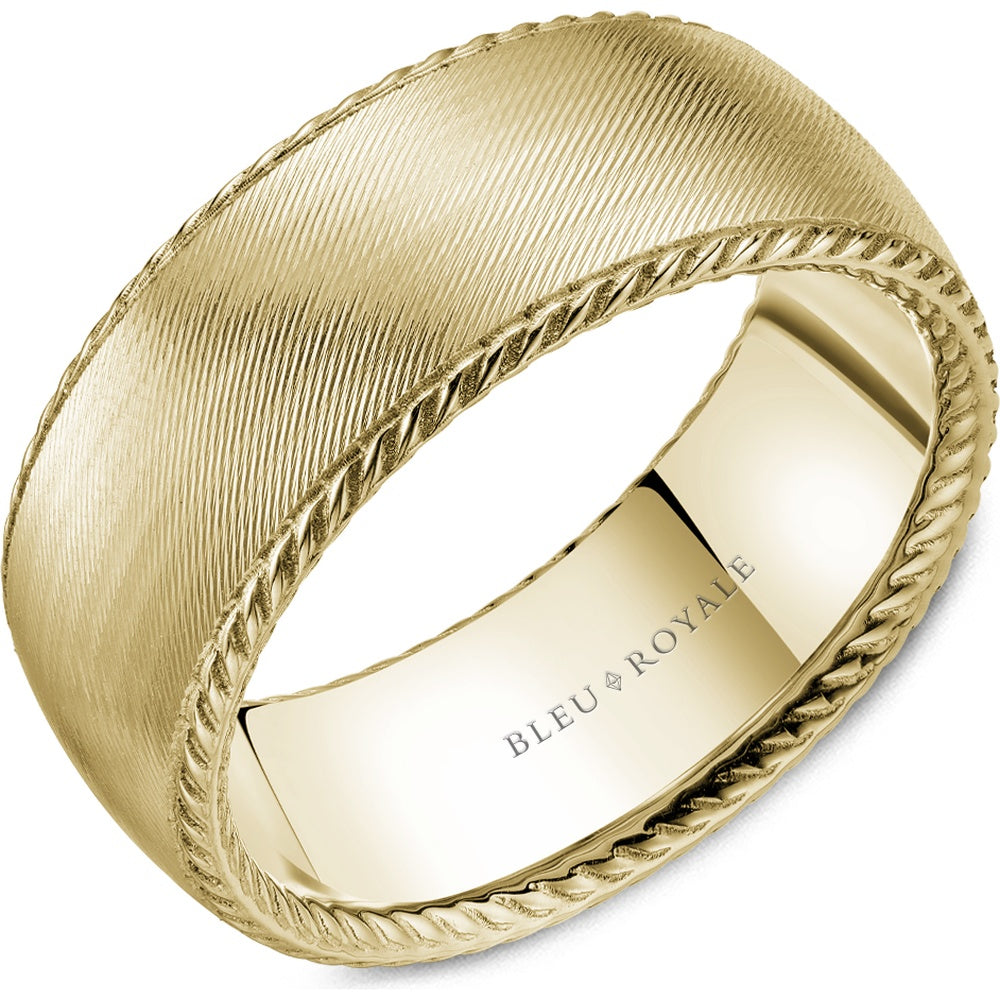 Bleu Royale Men's Wedding Band - 14K Yellow Gold with Wire Brushed Finish and Twisted Rope Edges - 9mm Width from the Legacy Collection