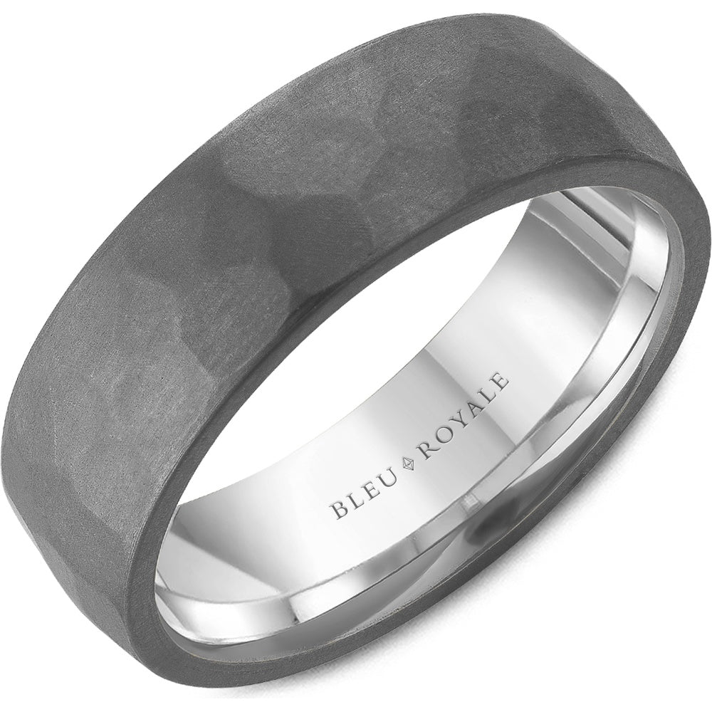 Bleu Royale Men's Wedding Band - Hammered Tantalum and 14K White Gold - 7mm Width from the Tantalum & Precious Metal Collection