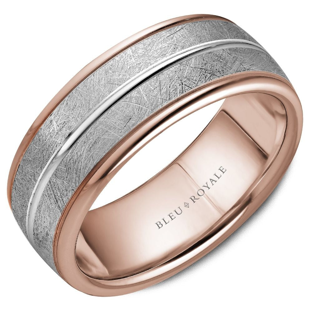 Bleu Royale Men's Wedding Band - Legacy 14K Rose and White Gold with Diamond Brushed Finish and High Polish Grooves - 8.5mm Width from the Legacy Collection