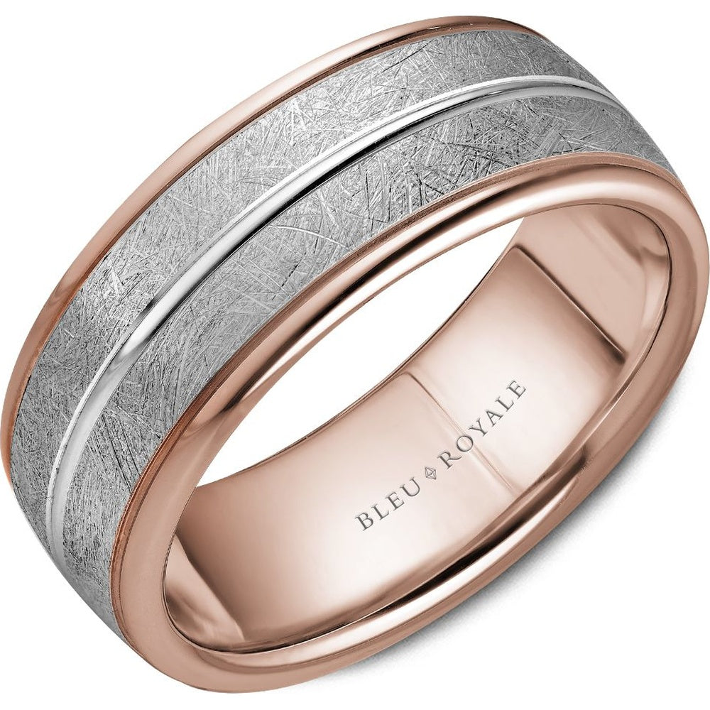 Bleu Royale Men's Wedding Band - Legacy 14K Rose and White Gold with Diamond-Brushed Finish and Polished Grooves - 8.5mm Width from the Legacy Collection
