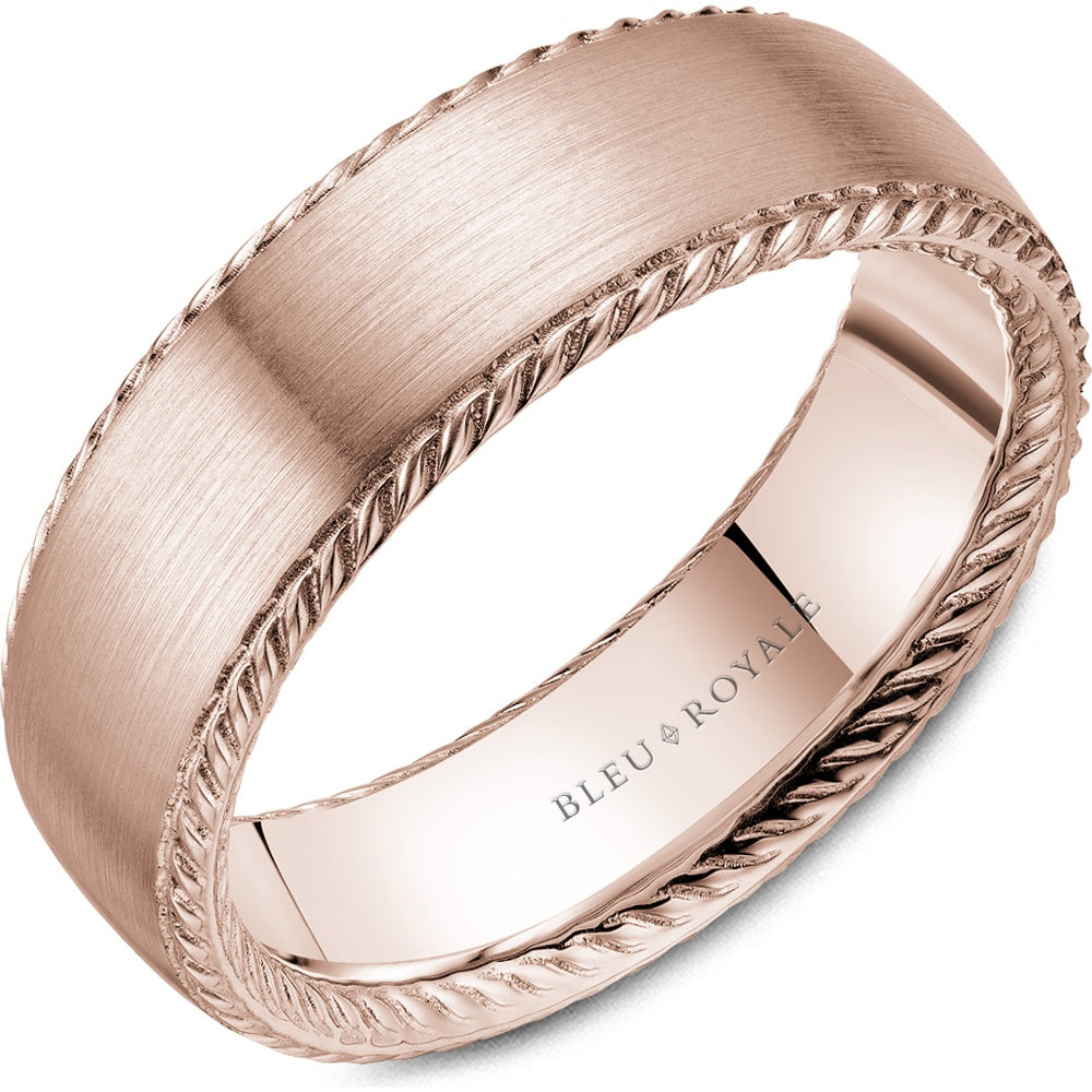 Bleu Royale Men's Wedding Band - Legacy 14K Rose Gold with Sandpaper Center and High Polish Rope Edges - 7mm Width from the Legacy Collection