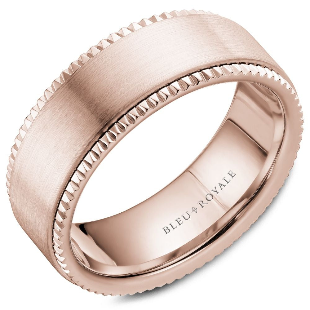 Bleu Royale Men's Wedding Band - Legacy 14K Rose Gold with Sandpaper Top and High Polish Edges - 8mm Width from the Legacy Collection