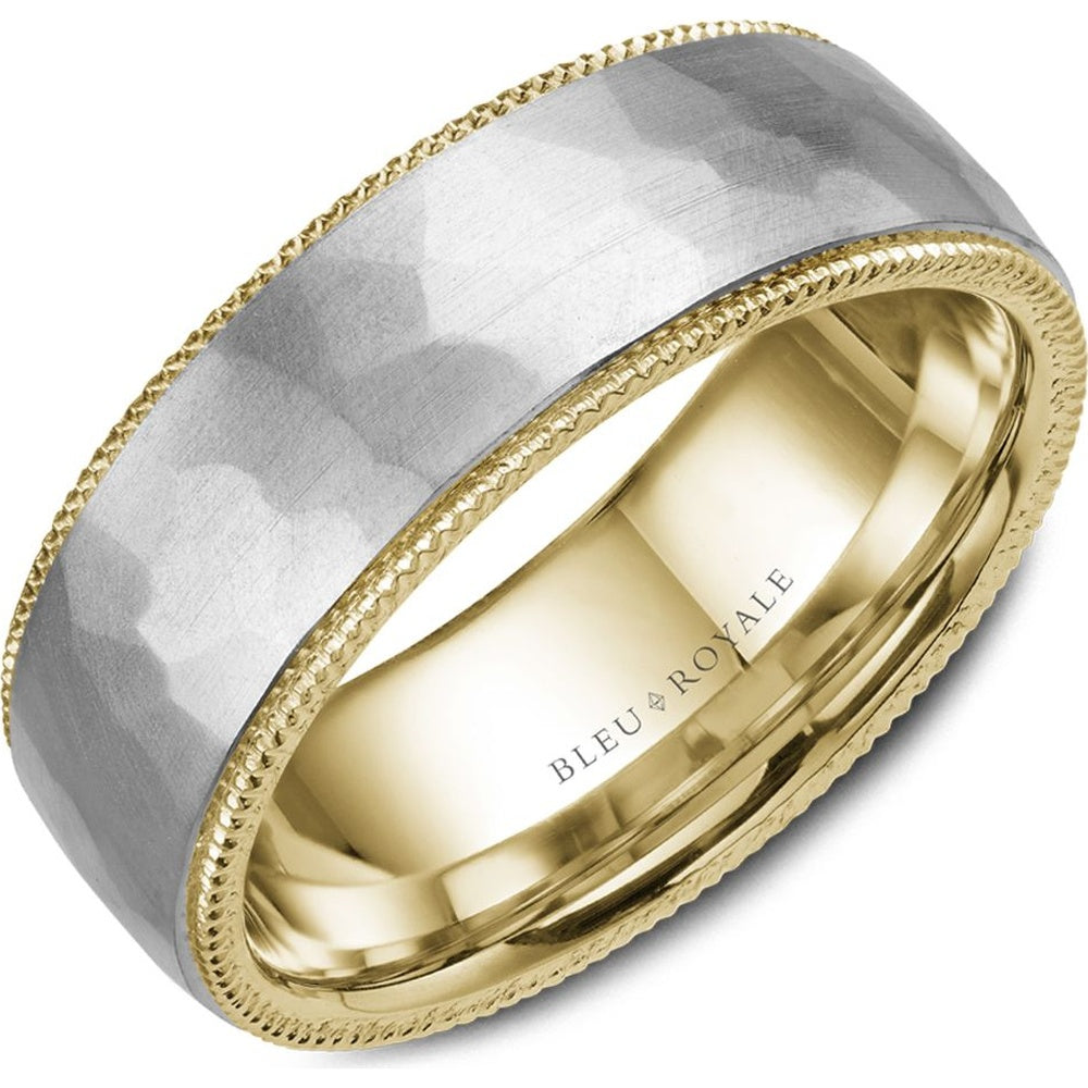 Bleu Royale Men's Wedding Band - Legacy 14K White Gold and Yellow Gold Hammered with Milgrain Edges - 7.5mm Width from the Legacy Collection