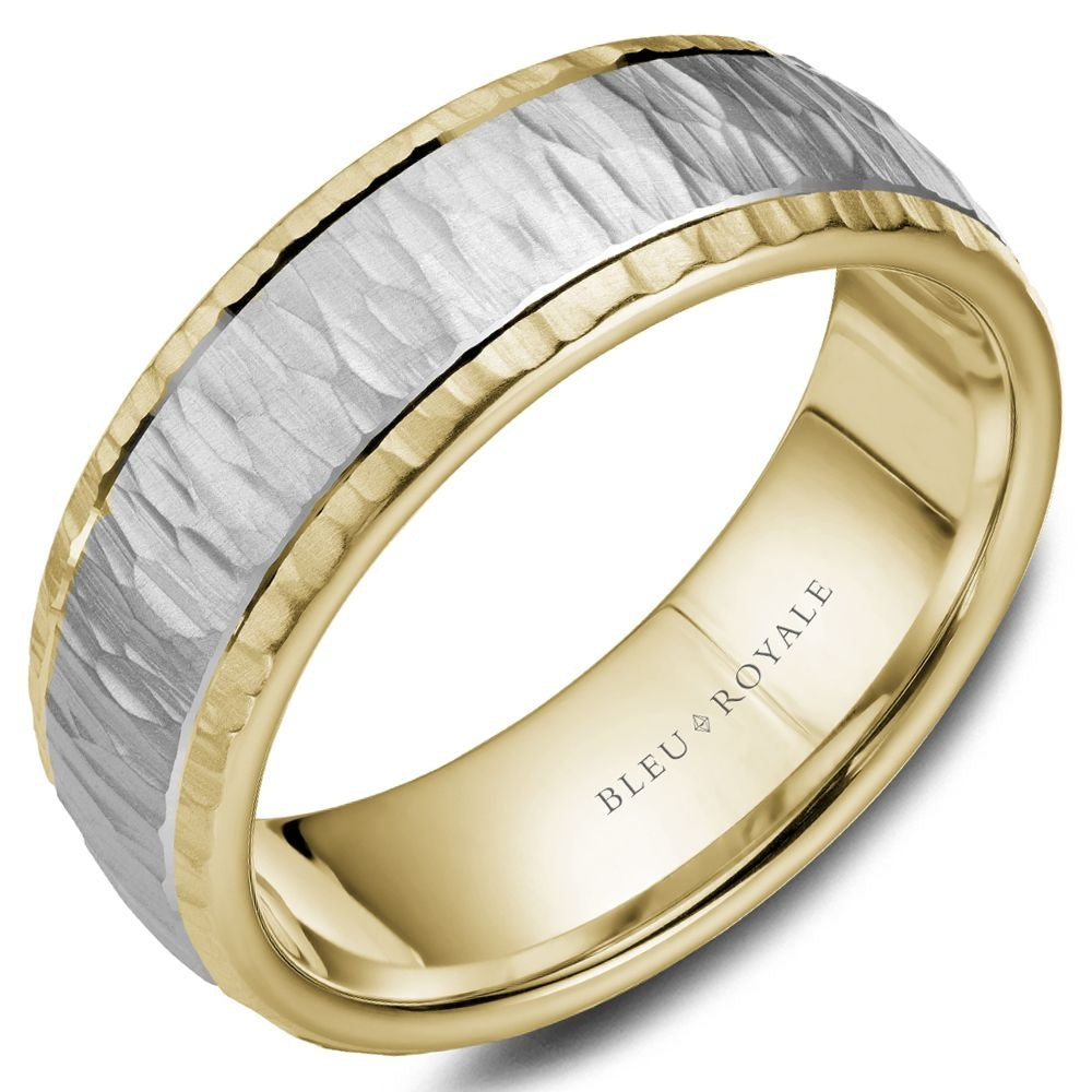 Bleu Royale Men's Wedding Band - Legacy 14K White Gold and Yellow Gold with Bark Texture and High Polish Edges - 7.5mm Width from the Legacy Collection