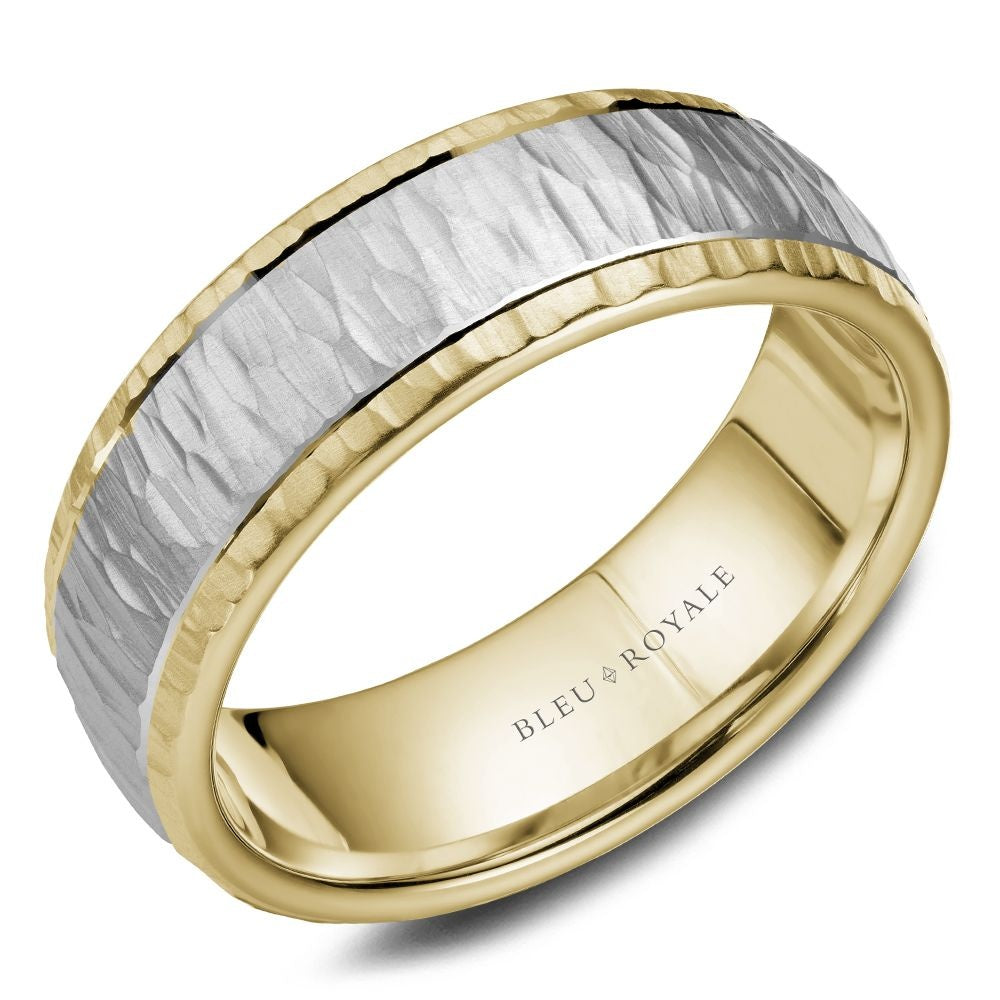 Bleu Royale Men's Wedding Band - Legacy 14K White Gold and Yellow Gold with Bark Texture and High-Polish Edges - 7.5mm Width from the Legacy Collection