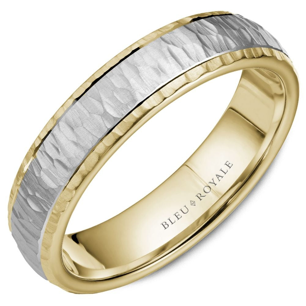 Bleu Royale Men's Wedding Band - Legacy 14K White Gold and Yellow Gold with Bark Texture and High Polish Profile - 5.5mm Width from the Legacy Collection