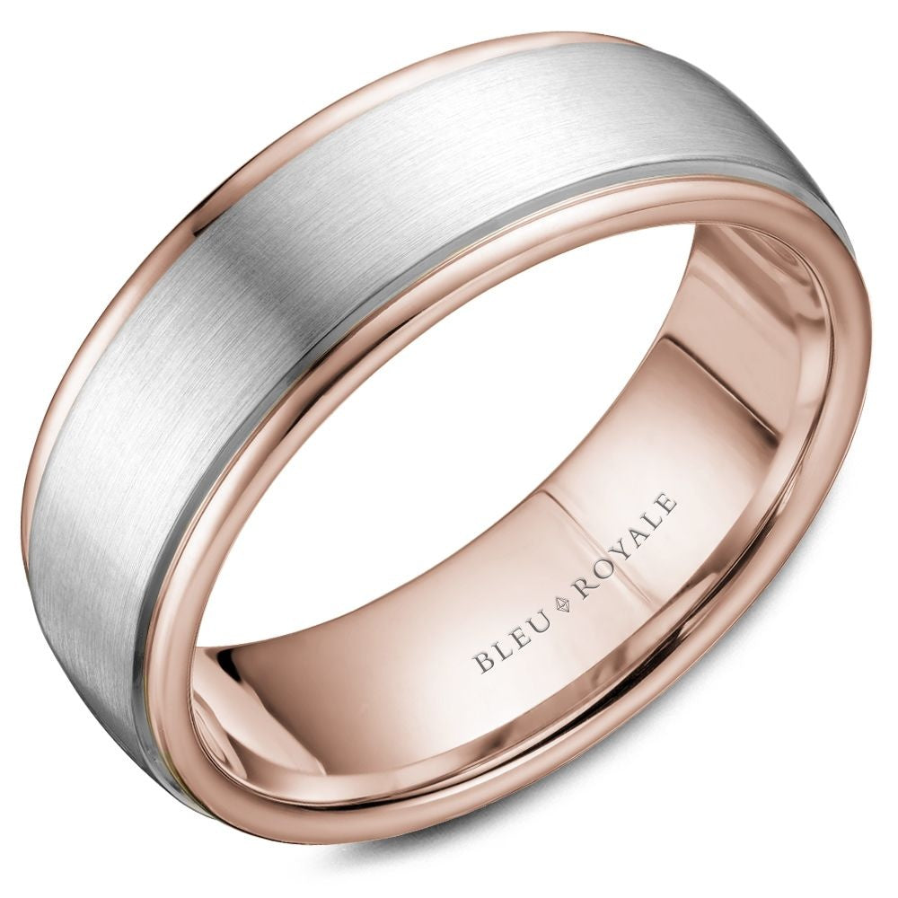Bleu Royale Men's Wedding Band - Legacy 14K White Gold and Rose Gold with Brushed Center and High Polish Edges - 7.5mm Width from the Legacy Collection