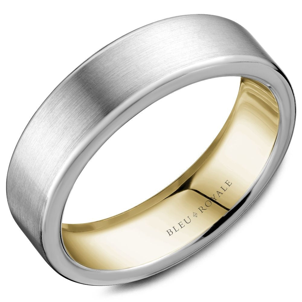 Bleu Royale Men's Wedding Band - Legacy 14K White Gold and Yellow Gold with Brushed Sandpaper Finish and High Polish Interior - 6.5mm Width from the Legacy Collection