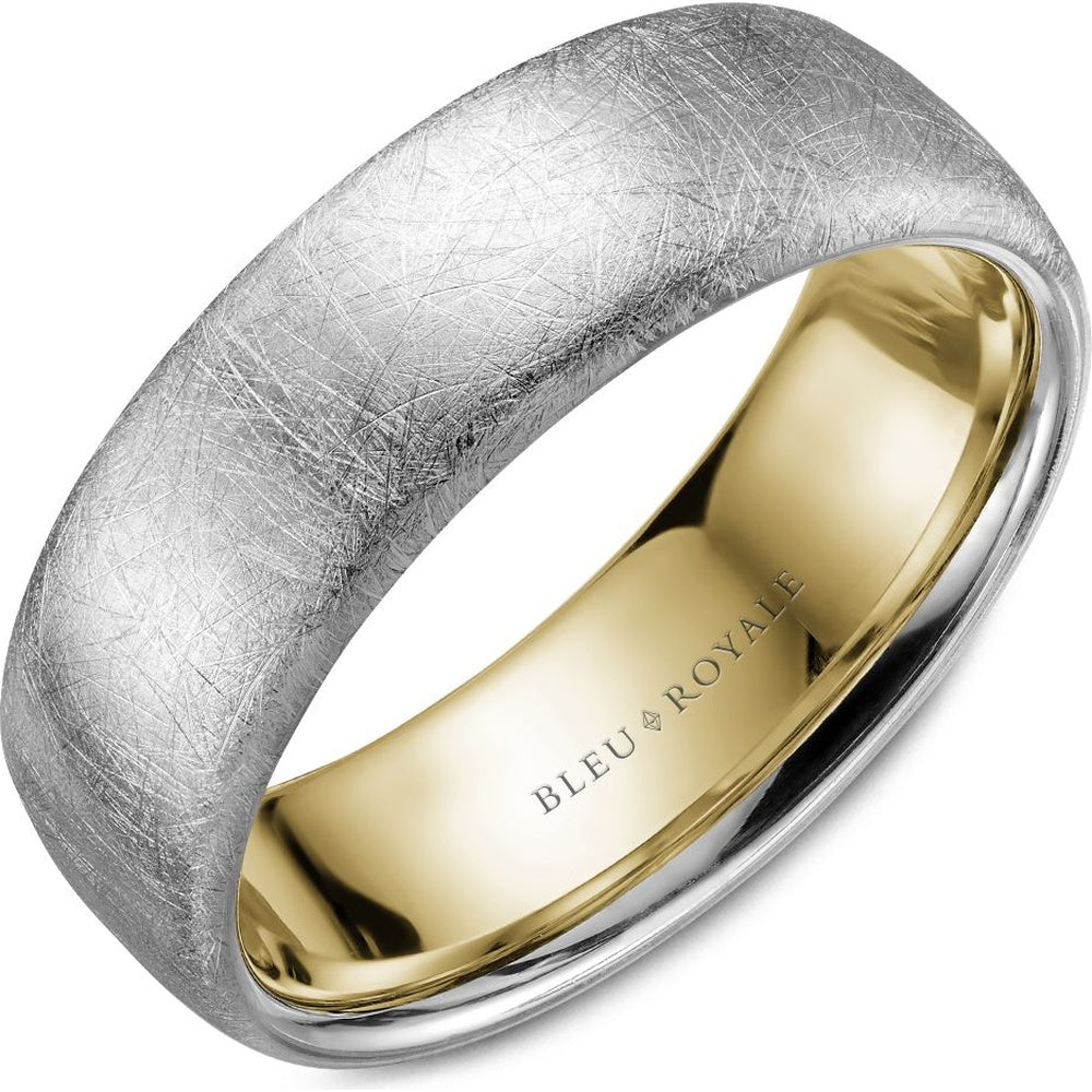 Bleu Royale Men's Wedding Band - Legacy 14K Two-Tone Gold with Diamond Brush Top and Yellow Gold Interior - 7.5mm Width from the Legacy Collection
