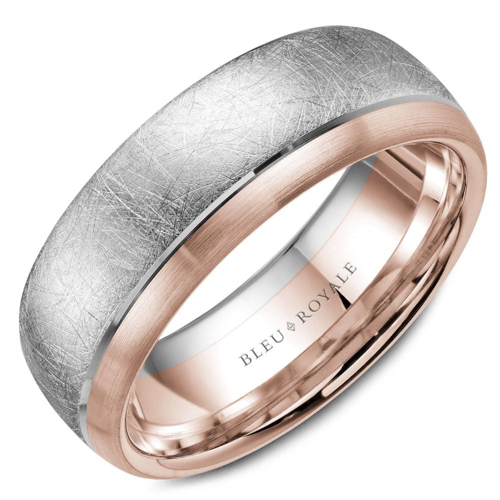 Bleu Royale Men's Wedding Band - Legacy 14K White Gold and Rose Gold with Diamond Brushed and Sandpaper Textured Finish - 7.5mm Width from the Legacy Collection