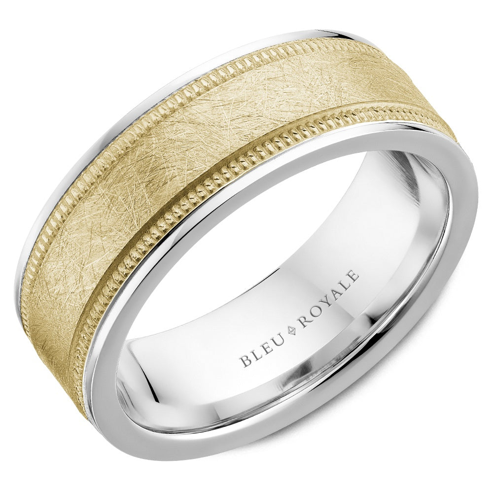 Bleu Royale Men's Wedding Band - Legacy 14K Yellow Gold and White Gold with Diamond Brushed Center and Milgrain Edges - 7.5mm Width from the Legacy Collection