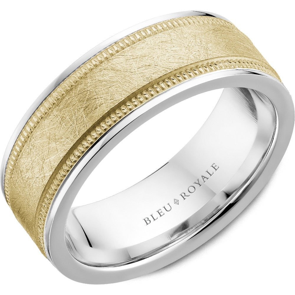 Bleu Royale Men's Wedding Band - Legacy 14K Yellow Gold and White Gold with Diamond-Brushed Center and Milgrain Edges - 7.5mm Width from the Legacy Collection