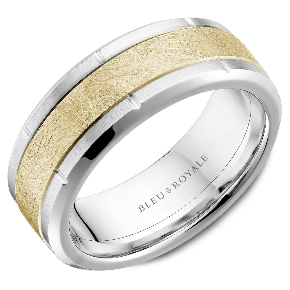 Bleu Royale Men's Wedding Band - Legacy 14K Yellow Gold and White Gold with Diamond-Brushed Center and Polished Beveled Edges - 8mm Width from the Legacy Collection