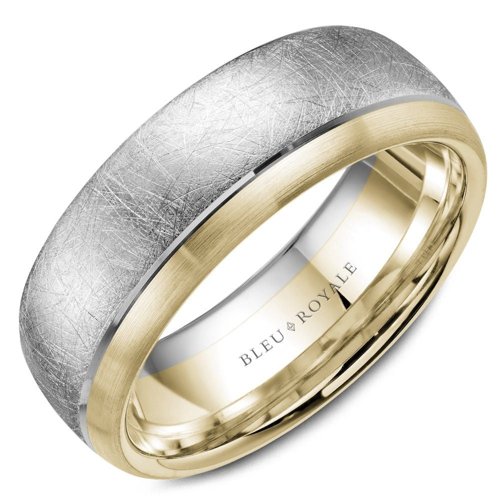 Bleu Royale Men's Wedding Band - Legacy 14K Two-Tone Gold with Diamond-Brushed White Gold Center and Yellow Gold Edges- Size 10 - 7.5mm Width from the Legacy Collection