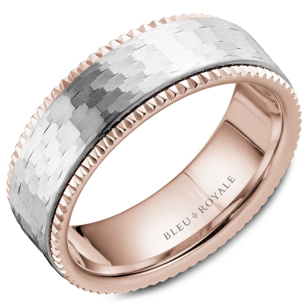 Bleu Royale Men's Wedding Band - Legacy 14K White Gold and Rose Gold with Frosted Center and H and-Picked Edges - 7.5mm Width from the Legacy Collection