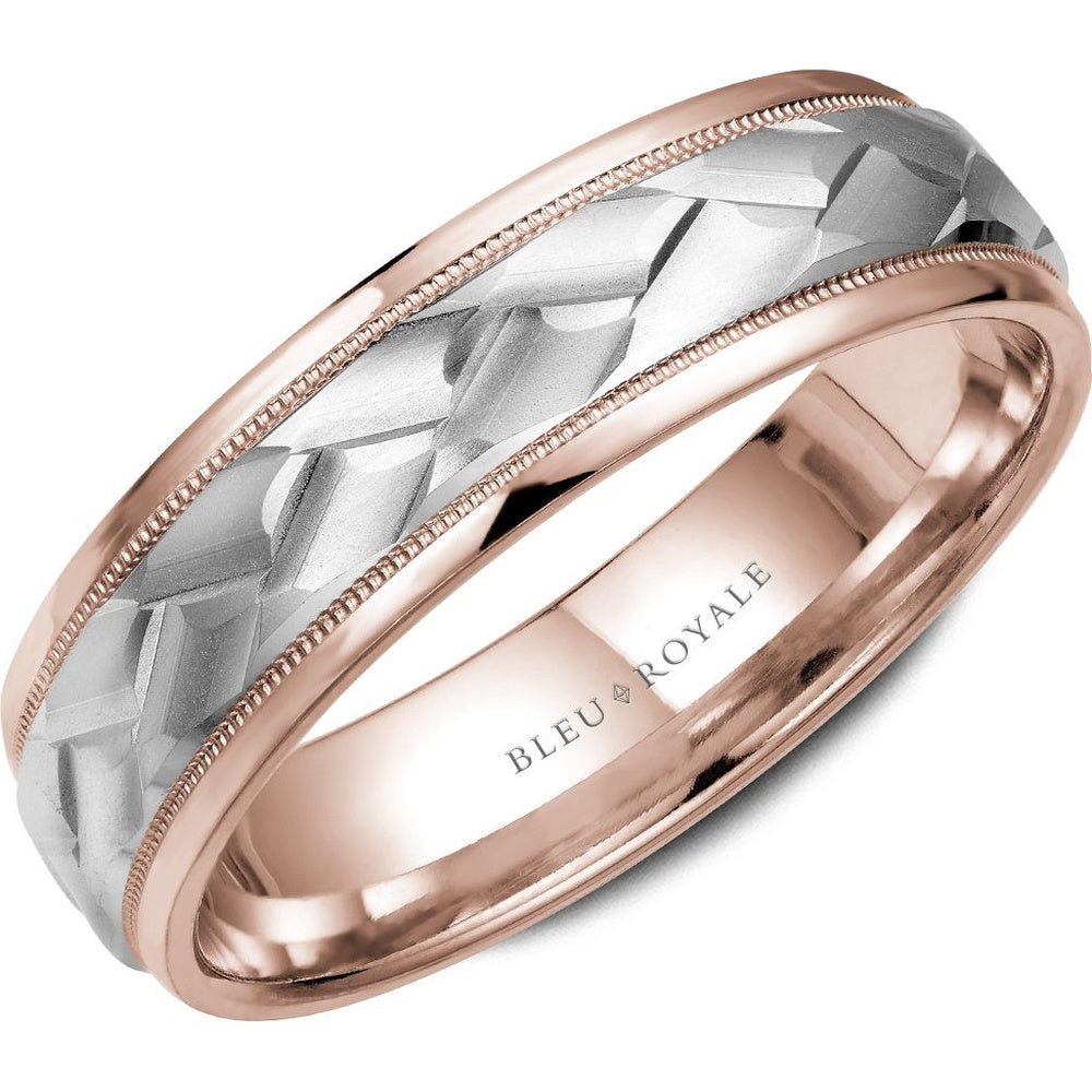 Bleu Royale Men's Wedding Band - Legacy 14K White Gold and Rose Gold with Frosted Diamond-Cut Center and Milgrain Edges - 6.5mm Width from the Legacy Collection
