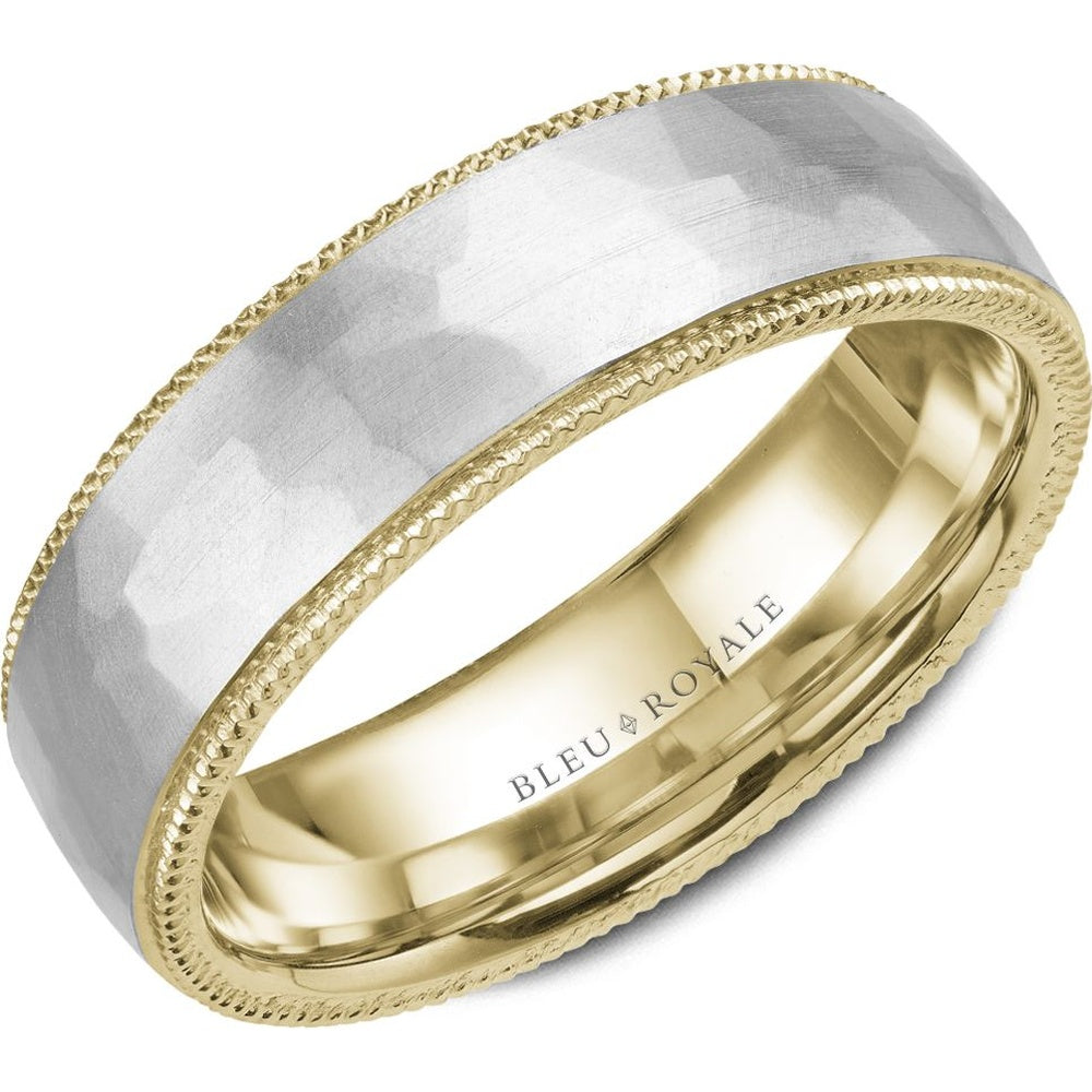 Bleu Royale Men's Wedding Band - Legacy 14K White Gold and Yellow Gold with Hammered Frosted Center and Milgrain Edges - 6mm Width from the Legacy Collection