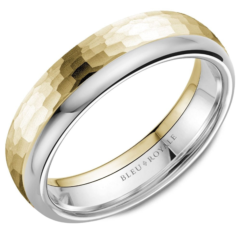 Bleu Royale Men's Wedding Band - Legacy 14K Two-Tone Gold with Hammered Yellow Gold Top and Polished White Gold Edge - 6mm Width from the Legacy Collection