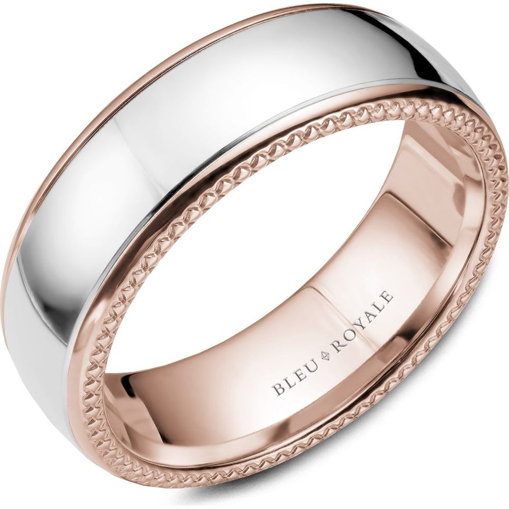 Bleu Royale Men's Wedding Band - Legacy 14K Two-Tone Gold with Milgrain Rose Gold Edges and High-Polish White Gold Center - 7.5mm Width from the Legacy Collection