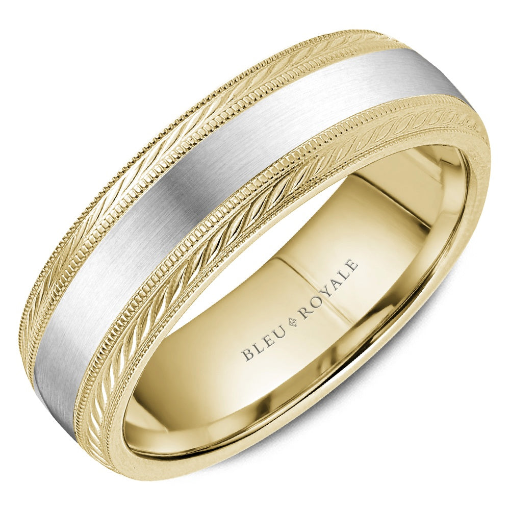 Bleu Royale Men's Wedding Band - Legacy 14K White Gold and Yellow Gold with Sandpaper Center and Braided Edge - 6.5mm Width from the Legacy Collection