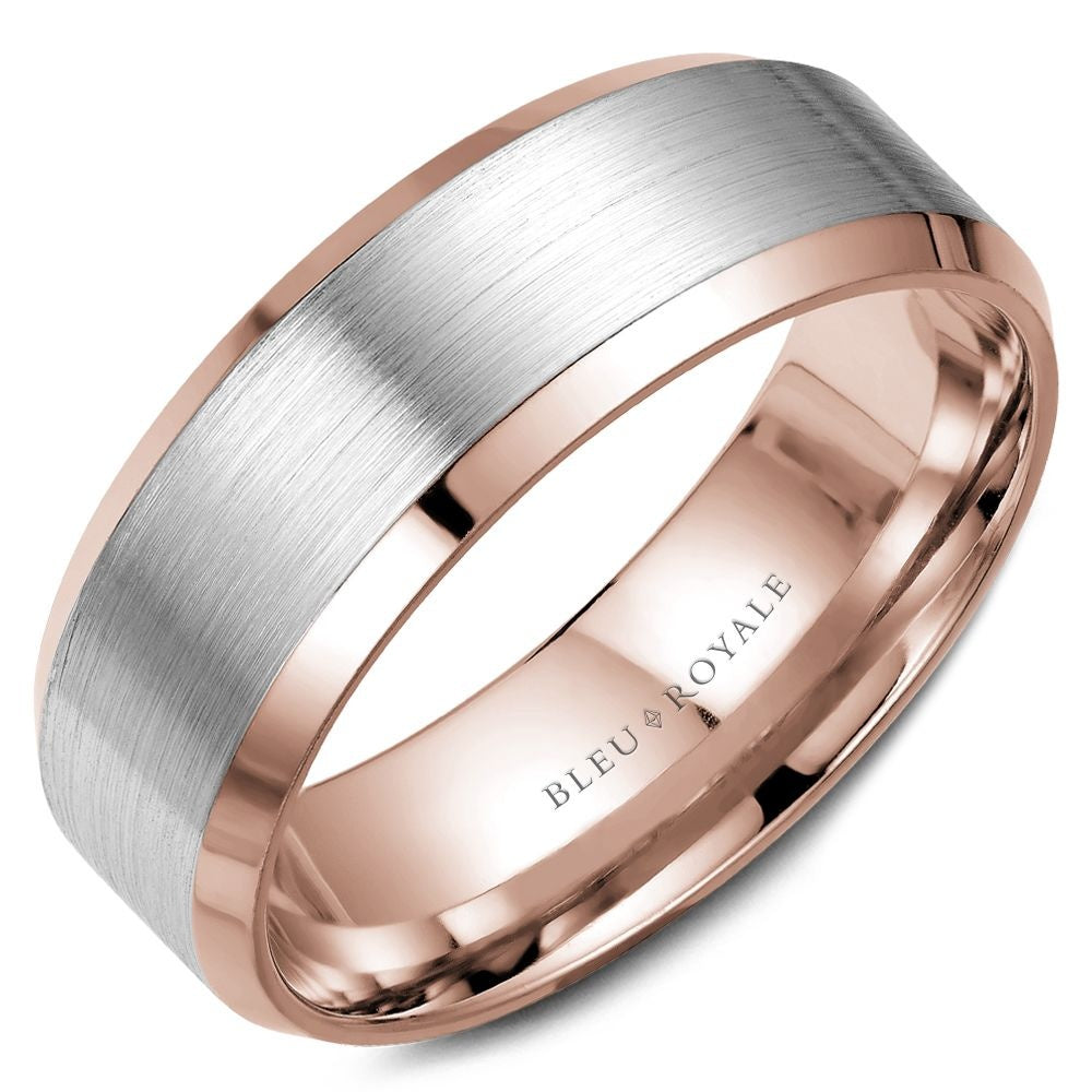 Bleu Royale Men's Wedding Band - Legacy 14K White Gold and Rose Gold with Sandpaper Center and High Polish Bevels - 7.5mm Width from the Legacy Collection