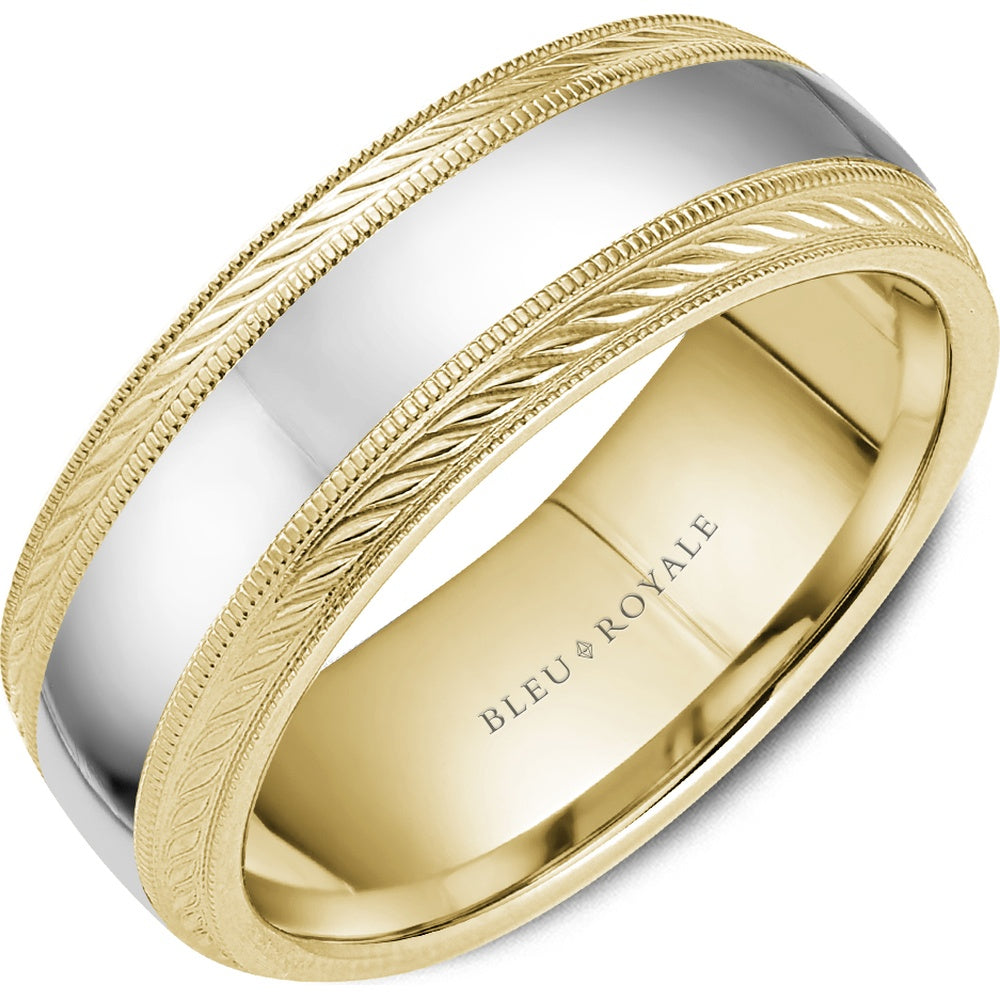 Bleu Royale Men's Wedding Band - Legacy 14K White Gold and Yellow Gold with Sandpaper Center and High Polish Edges- Special Order - 8mm Width from the Legacy Collection