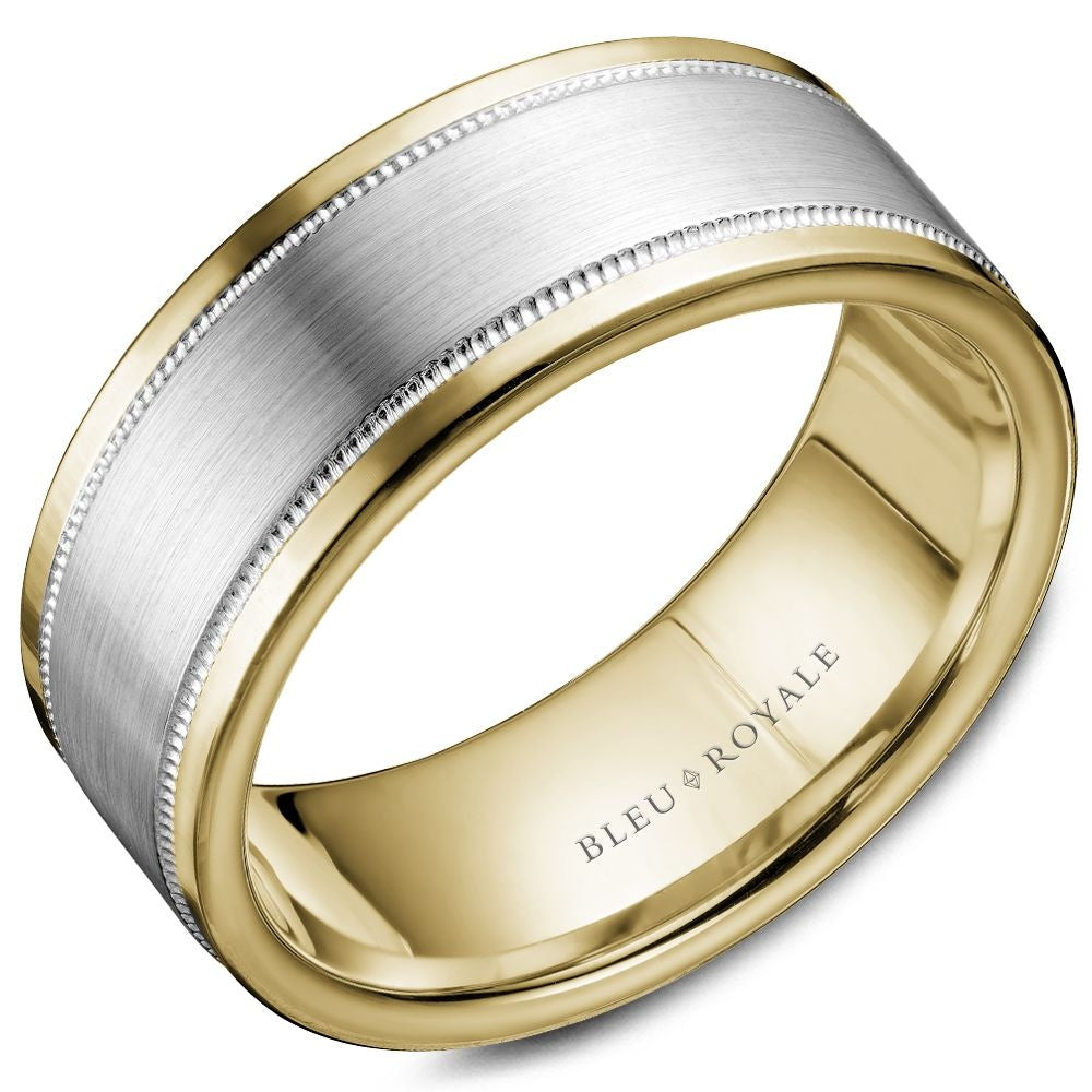 Bleu Royale Men's Wedding Band - Legacy 14K White Gold and Yellow Gold with Sandpaper Center and High Polish Milgrain Edges - 8.5mm Width from the Legacy Collection