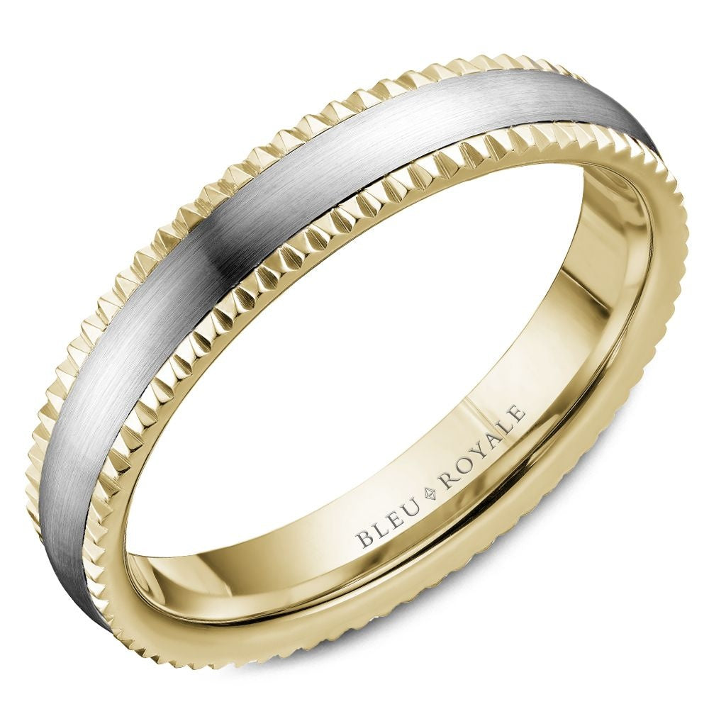Bleu Royale Men's Wedding Band - Legacy 14K White Gold and Yellow Gold with Sandpaper Finish and High-Polish Sawtooth Edges - 4.5mm Width from the Legacy Collection