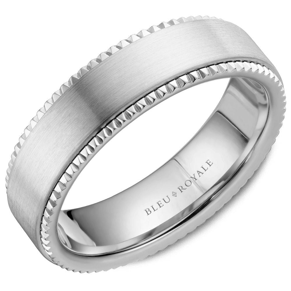 Bleu Royale Men's Wedding Band - Legacy 14K White Gold with Brushed Center and Saw-Tooth Edges - 6mm Width from the Legacy Collection