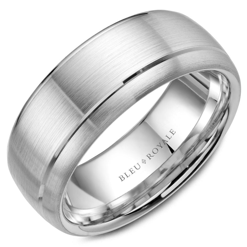 Bleu Royale Men's Wedding Band - Legacy 14K White Gold with Brushed Sandpaper Finish and High Polish Off-Center Groove - 8.5mm Width from the Legacy Collection