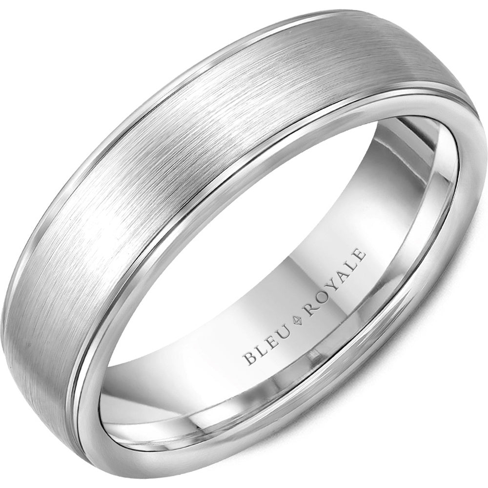Bleu Royale Men's Wedding Band - Legacy 14K White Gold with Sandpaper Center and High Polish Edges - 6.5mm Width from the Legacy Collection