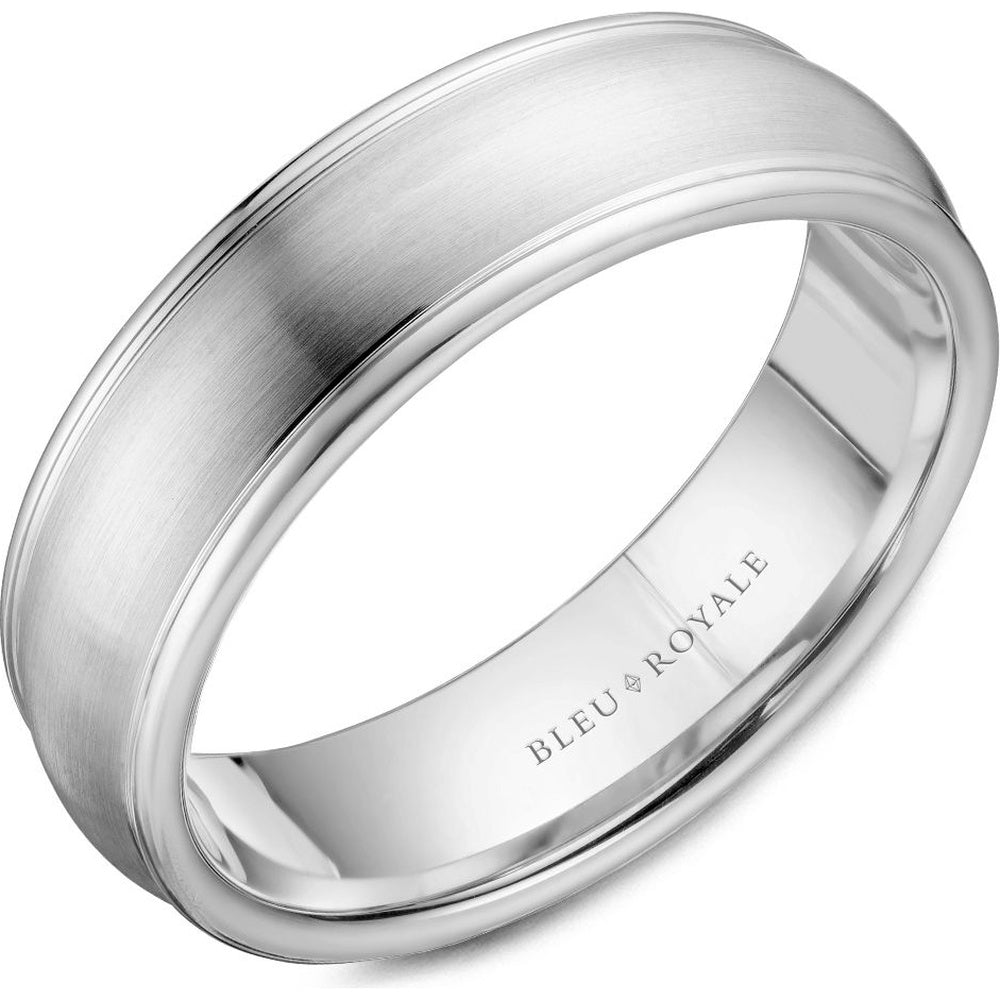 Bleu Royale Men's Wedding Band - Legacy 14K White Gold with Sandpaper Center and High Polish Edges- Size 10 - 6.5mm Width from the Legacy Collection