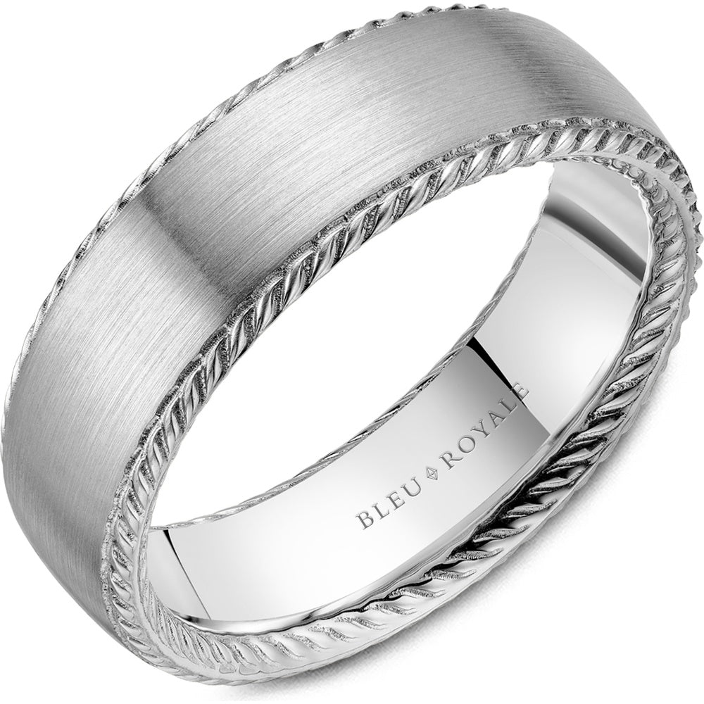 Bleu Royale Men's Wedding Band - Legacy 14K White Gold with Sandpaper Center and High Polish Rope Edges - 7mm Width from the Legacy Collection