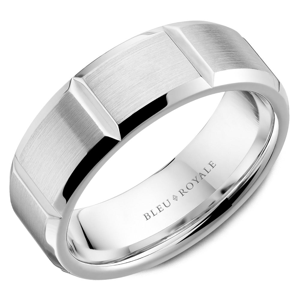 Bleu Royale Men's Wedding Band - Legacy 14K White Gold with Sandpaper Finish and High Polish Bevels - 7.5mm Width from the Legacy Collection