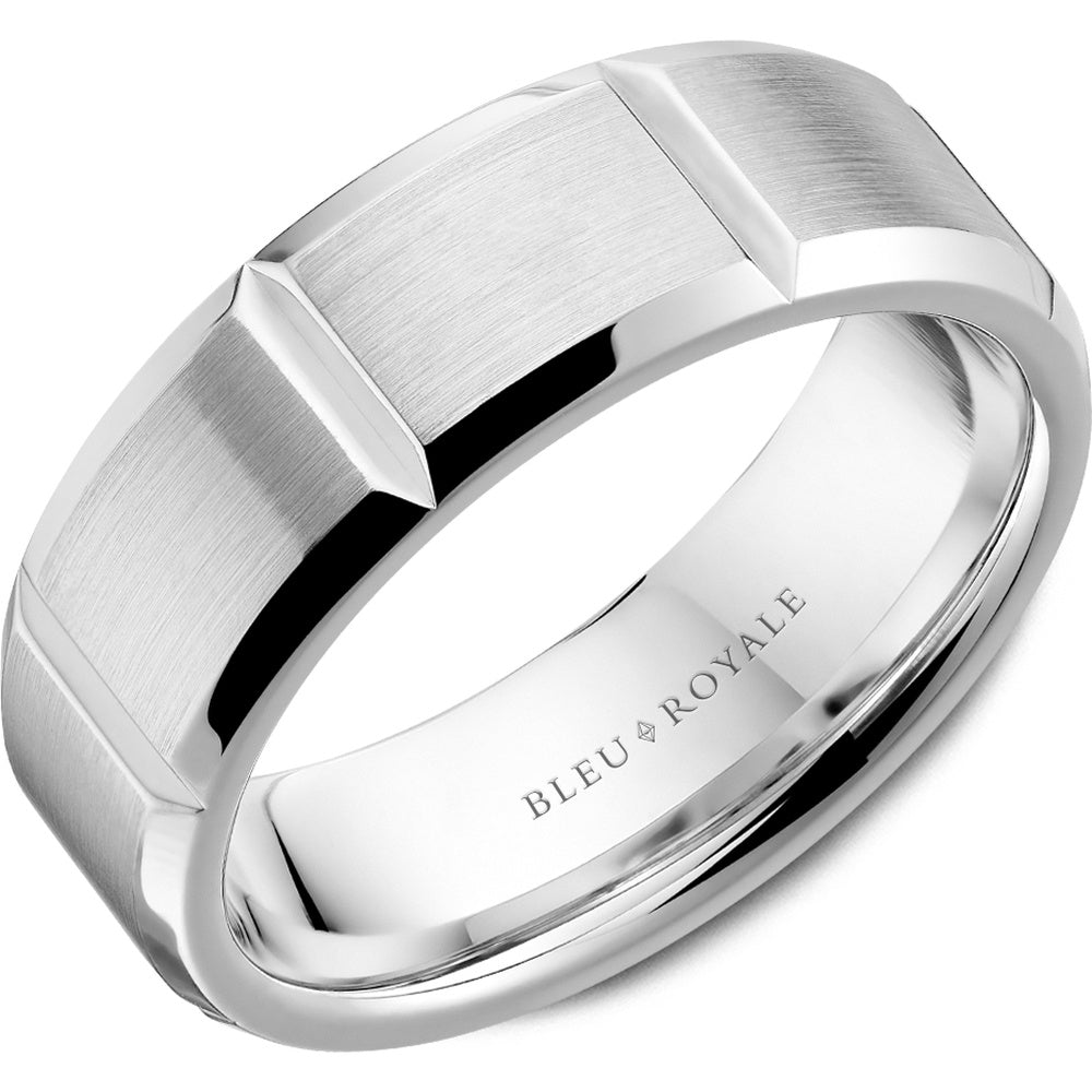 Bleu Royale Men's Wedding Band - Legacy 14K White Gold with Sandpaper Top and High Polish Bevel - 7.5mm Width from the Legacy Collection