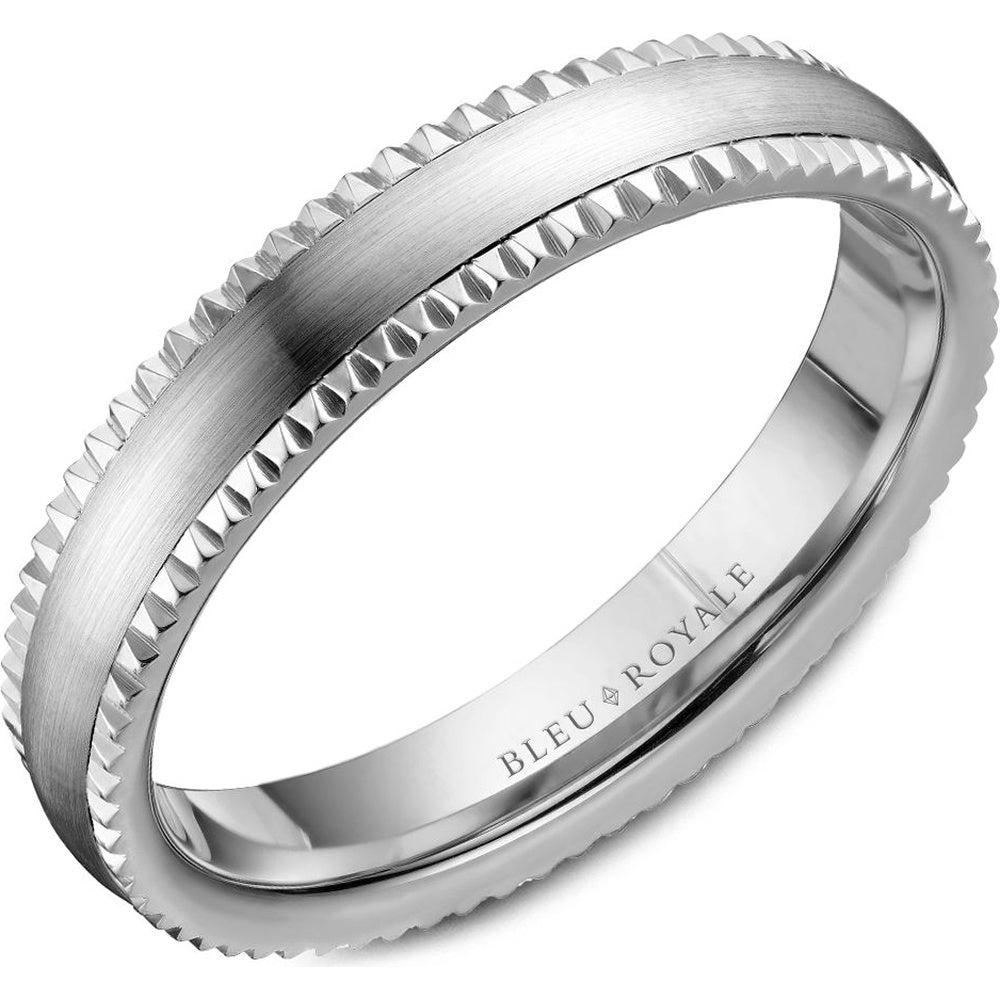 Bleu Royale Men's Wedding Band - Legacy 14K White Gold with Sandpaper Top and High Polish Notched Edges - 4.5mm Width from the Legacy Collection