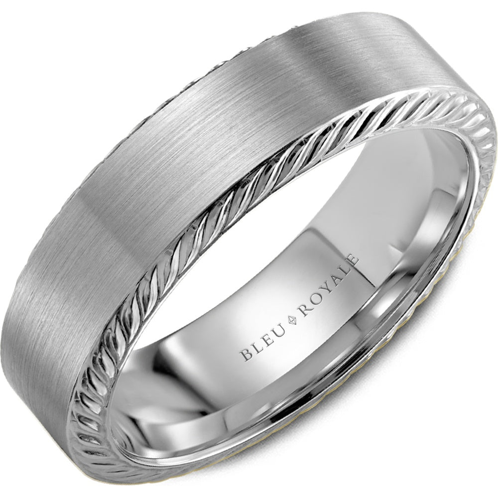 Bleu Royale Men's Wedding Band - Legacy 14K White Gold with Sandpaper Top and High Polish Rope Edges - 6.5mm Width from the Legacy Collection
