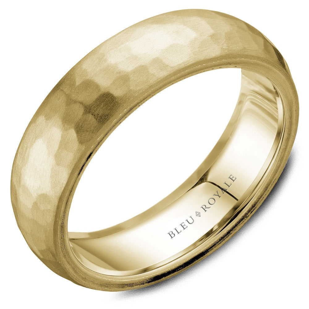 Bleu Royale Men's Wedding Band - Legacy 14K Yellow Gold with Frosted Hammered Finish and High Polish Edges - 6.5mm Width from the Legacy Collection