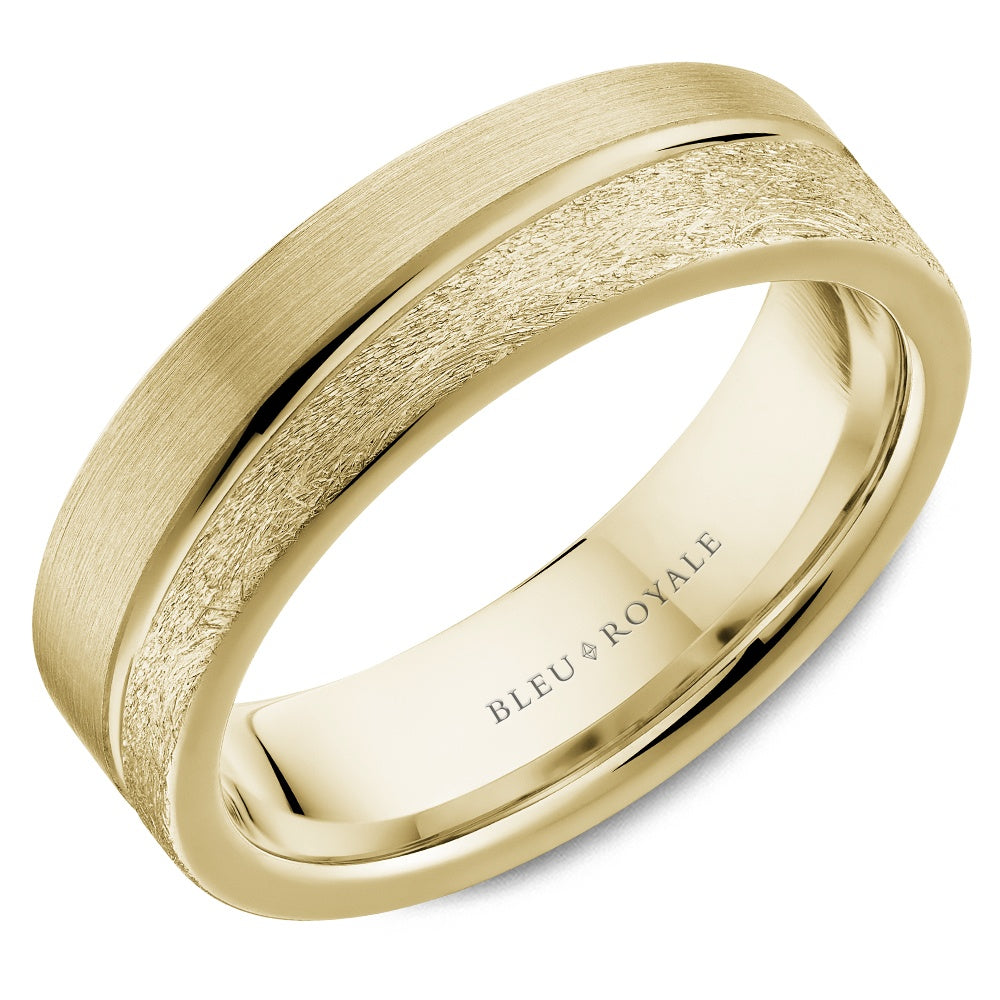 Bleu Royale Men's Wedding Band - Legacy 14K Yellow Gold with Half Sandpaper and Half Diamond Brush Finish - 6.5mm Width from the Legacy Collection