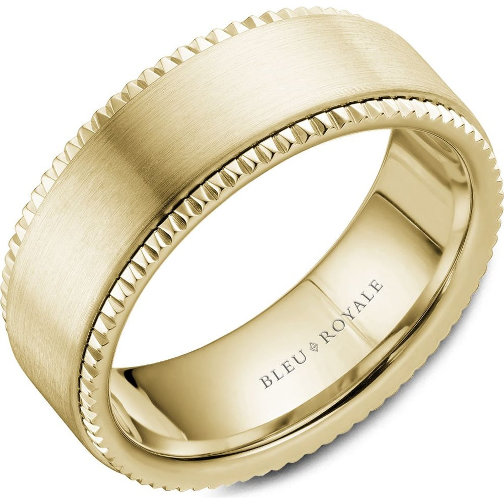 Bleu Royale Men's Wedding Band - Legacy 14K Yellow Gold with Sandpaper Finish and Serrated Edges- Size 10 - 8mm Width from the Legacy Collection