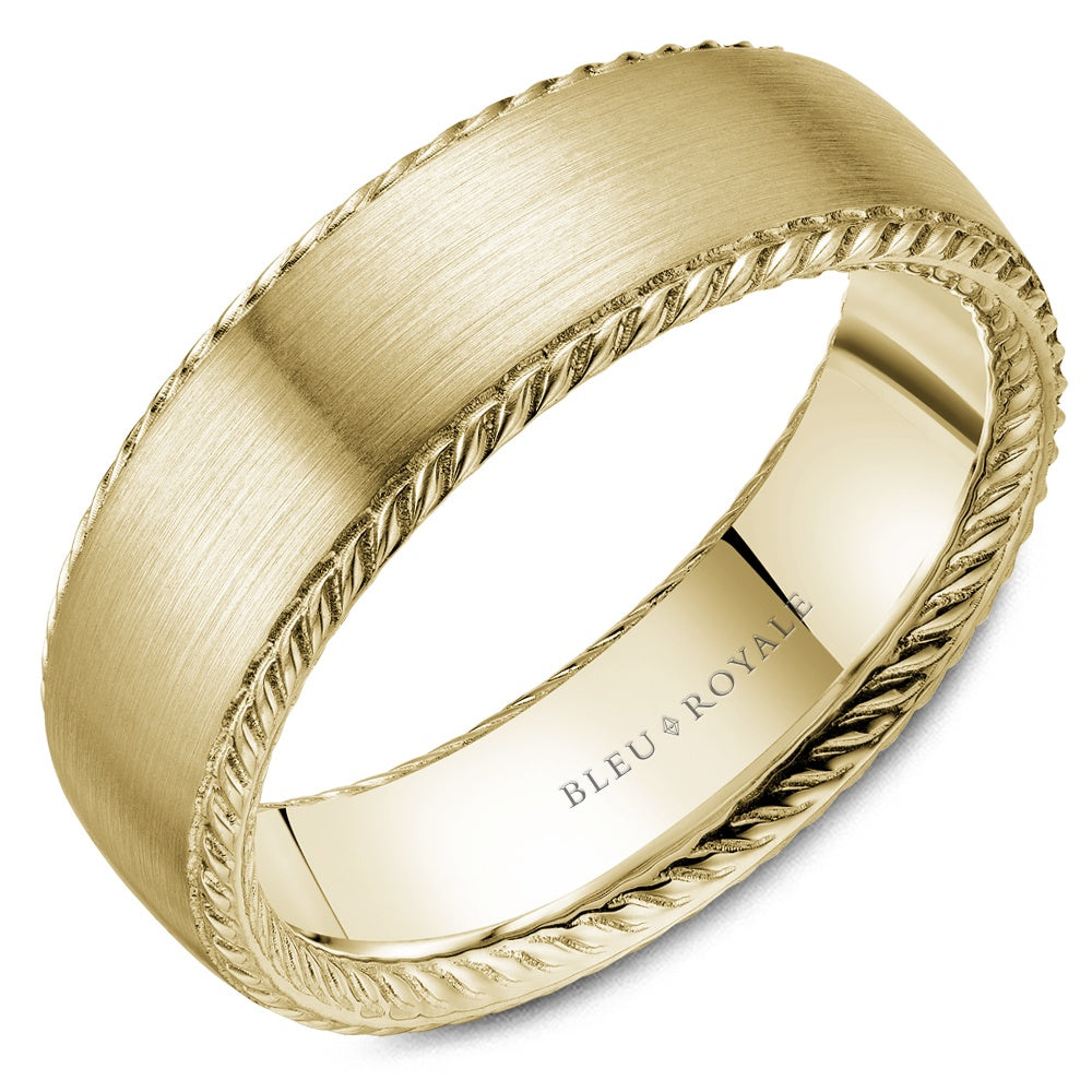 Bleu Royale Men's Wedding Band - Legacy 18K Yellow Gold with Sandpaper Center and High Polish Rope Edges - 7mm Width from the Legacy Collection