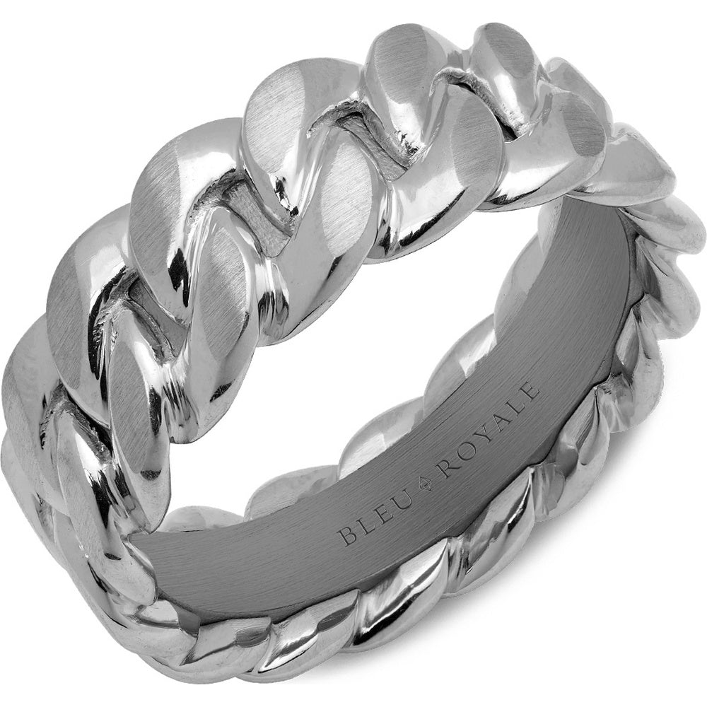Bleu Royale Men's Wedding Band - Link in 14K White Gold and Tantalum with Sandpaper and High Polish Finish - 8mm Width from the Geometric Collection