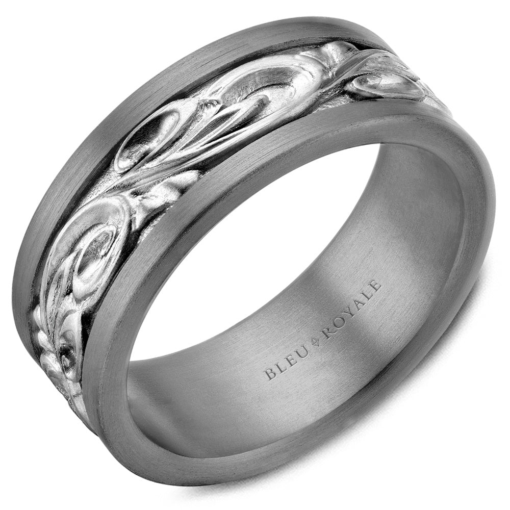 Bleu Royale Men's Wedding Band - Tantalum and 14K White Gold with Sandpaper Finish and Scrollwork Motif - 8mm Width from the Tantalum & Precious Metal Collection