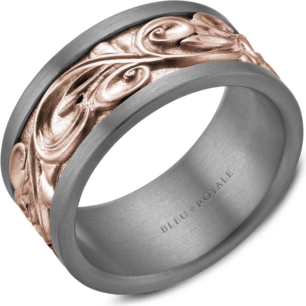 Bleu Royale Men's Wedding Band - Tantalum and 14K Rose Gold with Organic Scrollwork and Sandpaper Finish - 10mm Width from the Tantalum & Precious Metal Collection